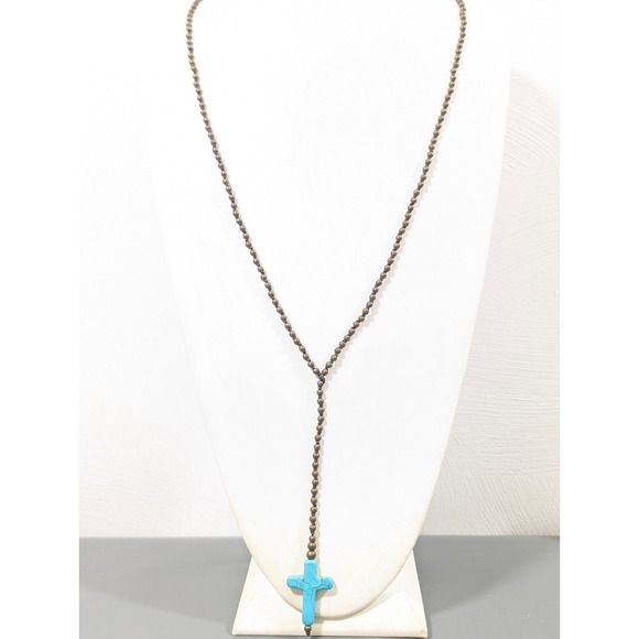 The Unbranded Brand Jewelry - Retro Faux Turquoise Cross Y Drop Necklace Bronze Tone Bead Long Layering 30 in